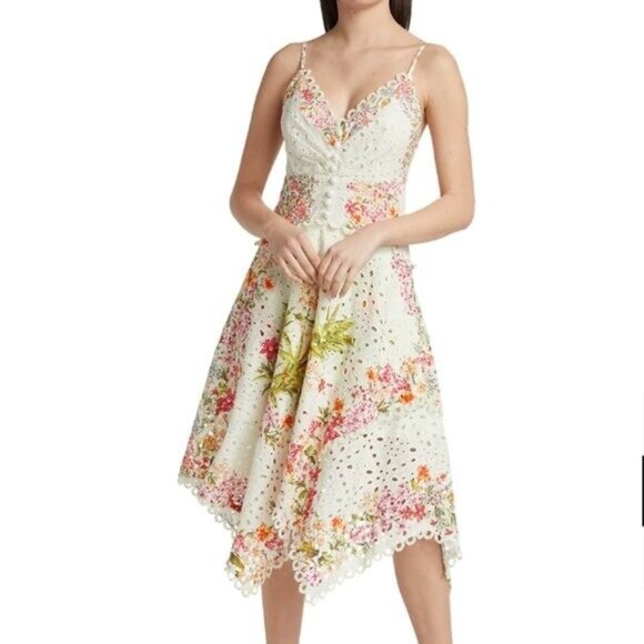 FARM Rio “Delicate Forest Scarves” Eyelet Midi Dress • Rare Print • Size M - Picture 3 of 12